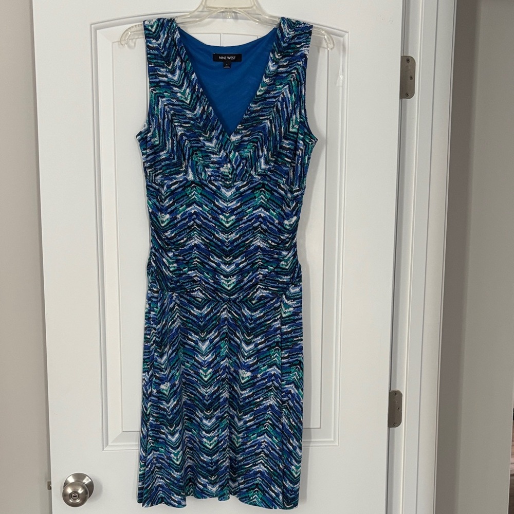 Nine West Blue and Green Patterned Midi Dress